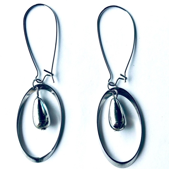 Long Drop Hoop Silver Tone Minimalist Earrings - Picture 2 of 3
